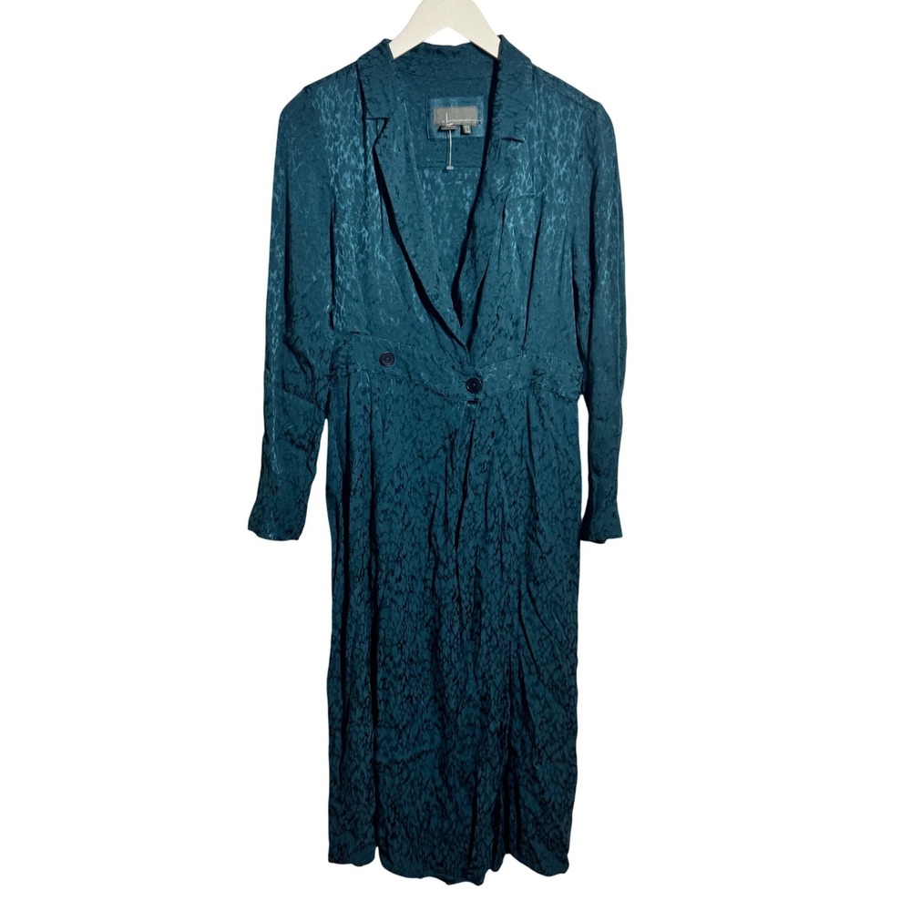 Anthropologie Teal Green Jacquard Long Sleeve Midi Dress Double Button 8 Holiday